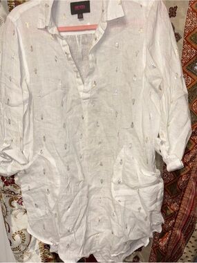 For Cynthia White Tunic top shirt pockets  gold  & Silver Foil pineapple linen m